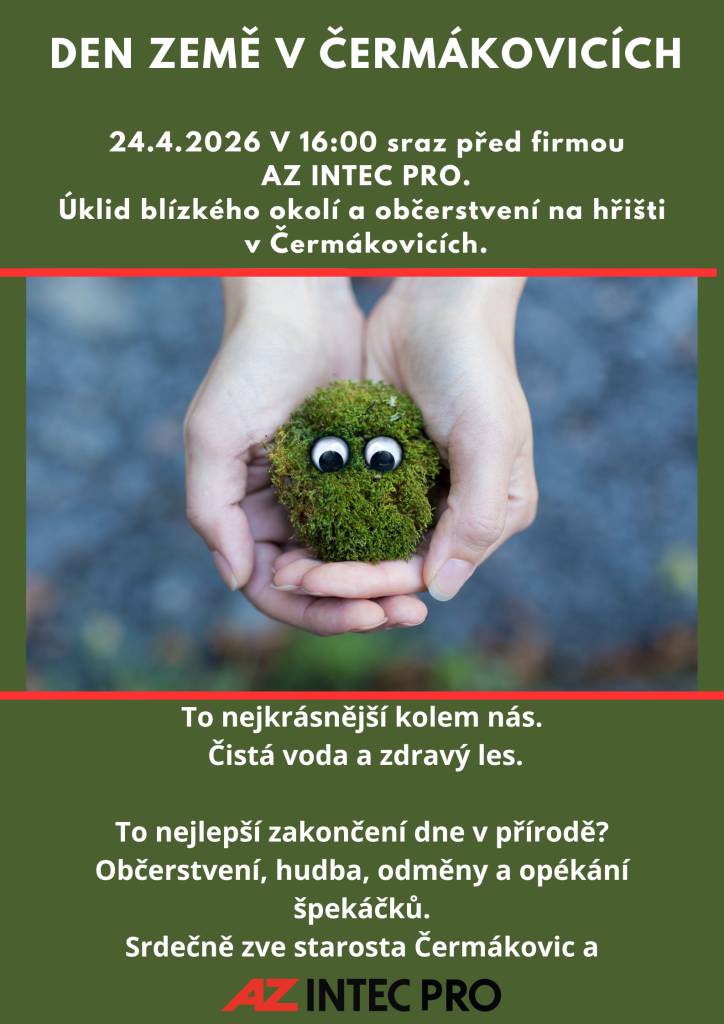 Den Země v Čermákovicích se koná 24. dubna 2026 v 16:00. Sraz je před firmou AZ INTEC PRO. Účastníci se mohou těšit na úklid blízkého okolí a následné občerstvení na hřišti. Akce nabídne hudbu, odměny a opékání špekáčků, což představuje skvélé zakončení dne v přírodě.
