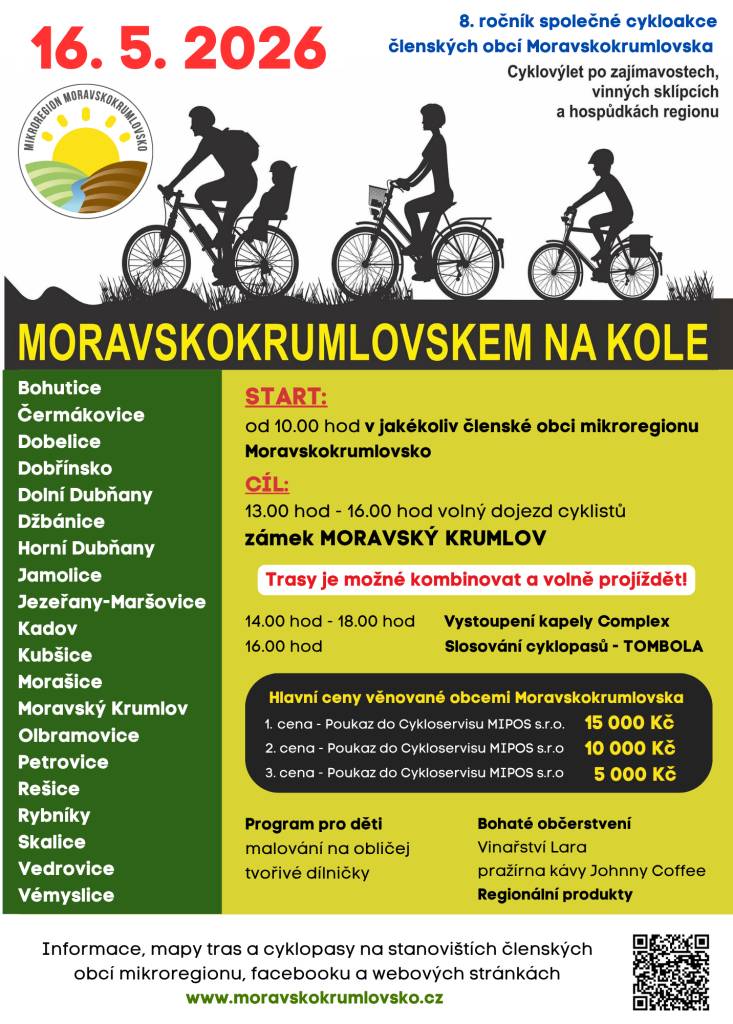 Mikroregion Moravskokrumlovsko zve všechny milovníky cyklistiky na 8. ročník společné cykloakce, která se koná v sobotu 22. dubna 2026. Akce začne v 10.00 hodin v členských obcích a nabídne cyklovýlet po regionálních zajímavostech a vinných sklípcích. V průběhu odpoledne bude možnost volného dojezdu