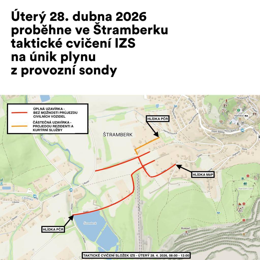 Vážení občané,  dne 28. dubna 2026 proběhne ve Štramberku taktické cvičení složek integrovaného záchranného systému zaměřené na únik plynu z provozní sondy.