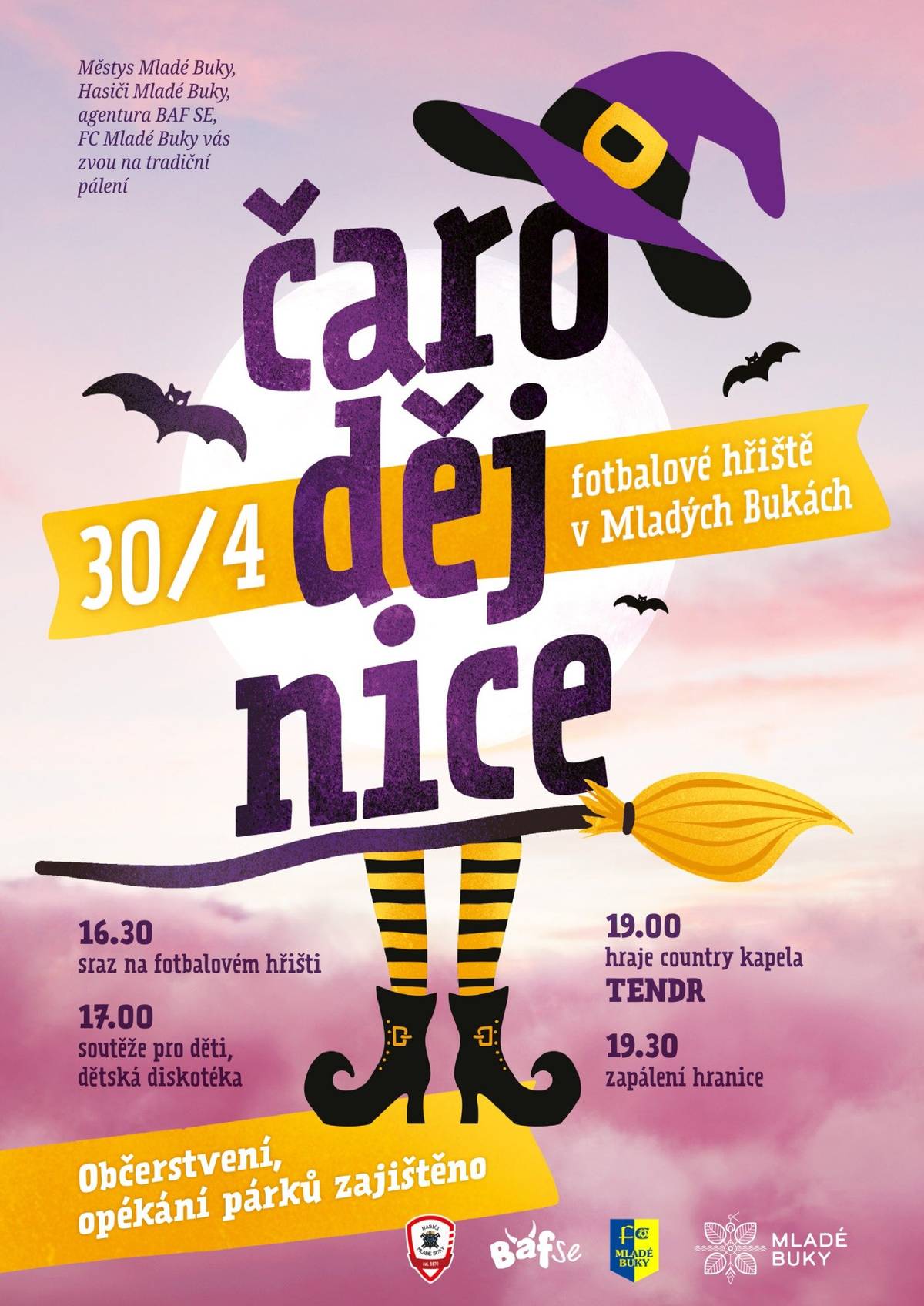 Pozvánka na Čarodějnice Mladé Buky 30.4.2026 Sraz na fotbalovém hřišti 16:30 Program pro děti 17:00 Živá hudba Country Kapela TENDR 19:00 Zapálení hranice 19:30 Občerstvení, opékání párků zajištěno TĚŠÍME SE NA VÁS
