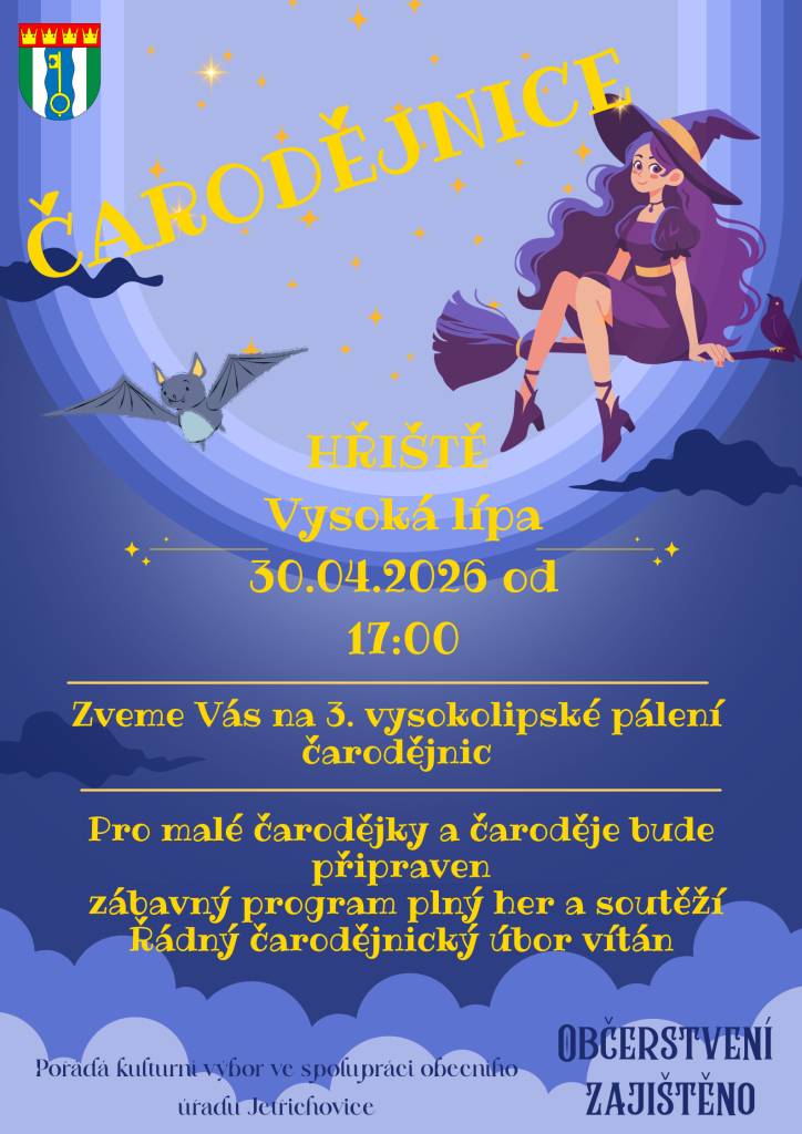 Zveme Vás na 3. vysokolipské pálení čarodějnic, které se koná 30. dubna 2026. Pro malé čarodějky a čaroděje bude připraven zábavný program plný her a soutěží, a proto je řádný čarodějnický úbor vítán.