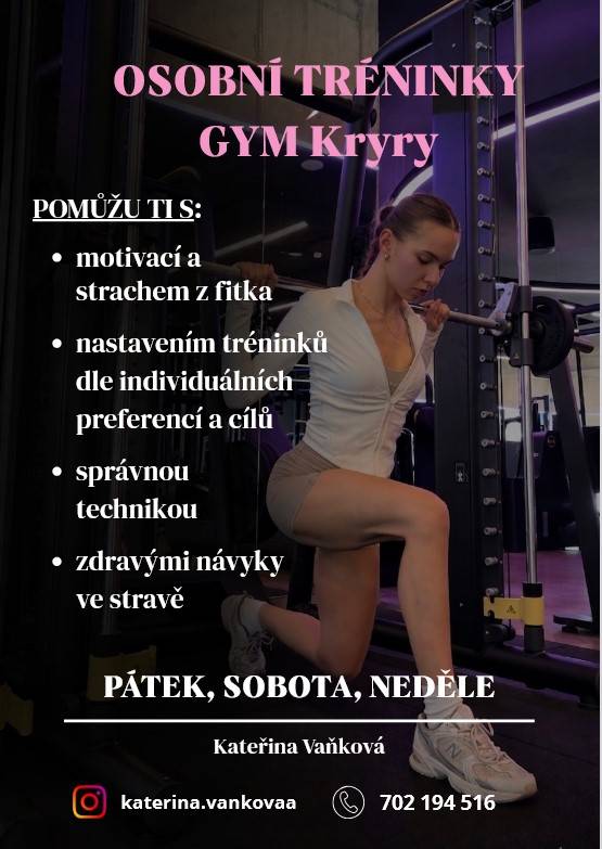 Přemýšlíte, jak efektivně využít víkend? ????️ V GYM Kryry můžete nově využít služby osobní trenérky Kateřiny Vaňkové. Pokud si nejste jistí technikou nebo potřebujete poradit se zdravými návyky ve stravě, neváhejte se na ni obrátit.