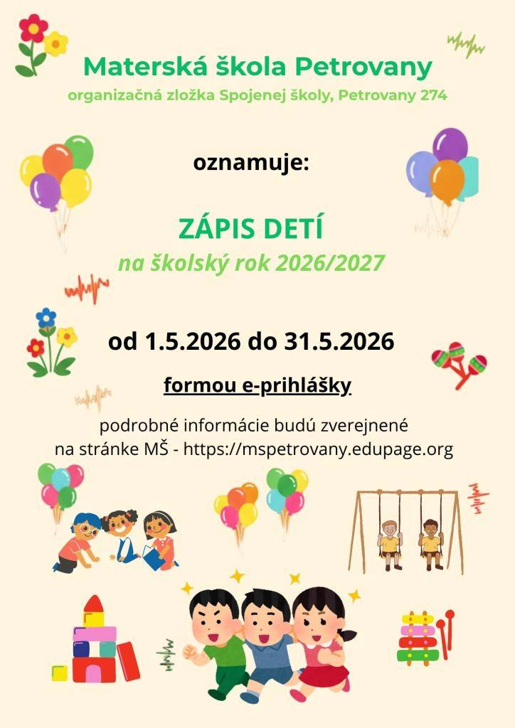 Zápis detí do Materskej školy Petrovany na školský rok 2026/2027