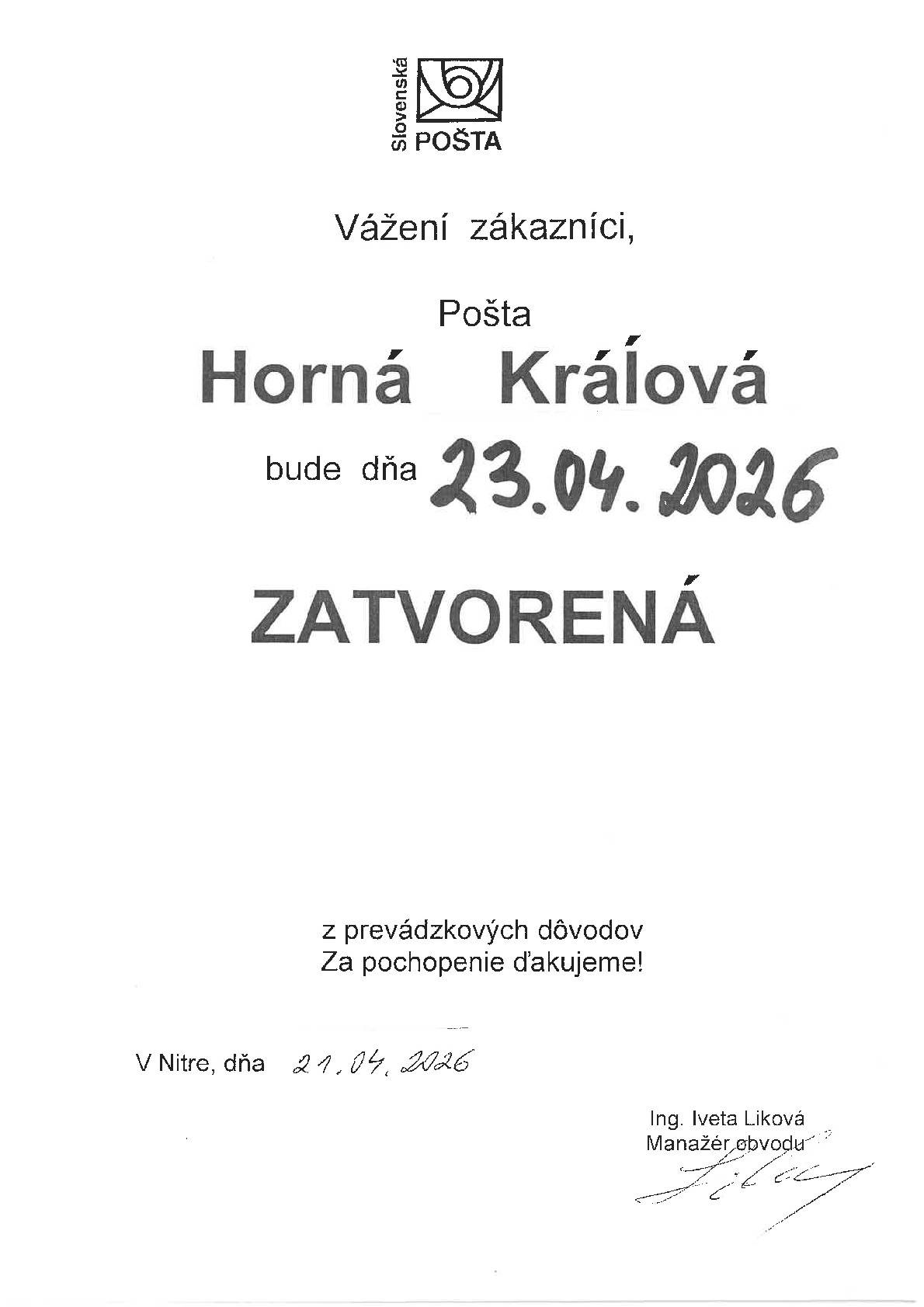 Pošta bude vo štvrtok zatvorená z prevádzkových dôvodov.