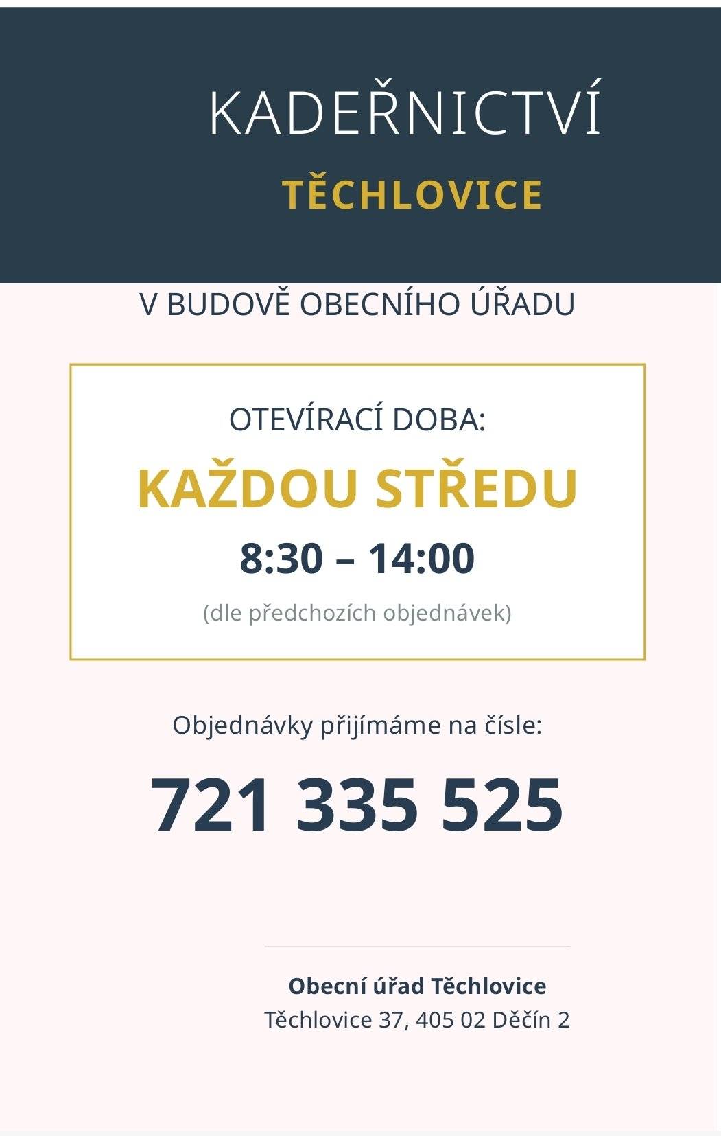 Od středy 13. května 2026 bude v Těchlovicích v budově obecního úřadu opět otevřeno kadeřnictví. Srdečně zveme všechny občany, aby využili služeb nového provozu. Další informace a kontakt pro objednávky v letáku. Jiří Hýl, starosta