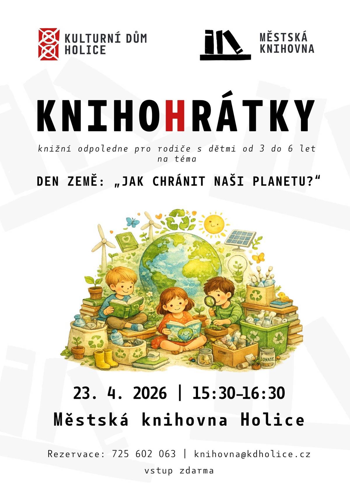 Vážení spoluobčané,   přinášíme vám přehled akcí, které nás v Holicích čekají do konce dubna:   23. dubna – Holice – Knihohrátky – Městská knihovna Holice 24. dubna – Holice – 15. narozeniny Holoubka – Rodinné a vzdělávací centrum Holoubek Holice 24. dubna – Holice – Ovce žerou první – Kulturní dům Holice 24. dubna – Holice – Vlk z Gruntu – Městská knihovna Holice 25. dubna – Holice – Linorytí – Artykadlo 26. dubna – Holice – Drátkování – Artykadlo 27. dubna – Holice – Lojza a Pepa – Kulturní dům Holice 28. dubna – Holice – Otevření infocentra a vernisáž "Muzeum 60" – Africké muzeum Dr. Emila Holuba 29. dubna – Holice – Mlčeti zlato – Kulturní dům Holice 30. dubna – Holice – Pálení čarodějnic – Kulturní dům Holice