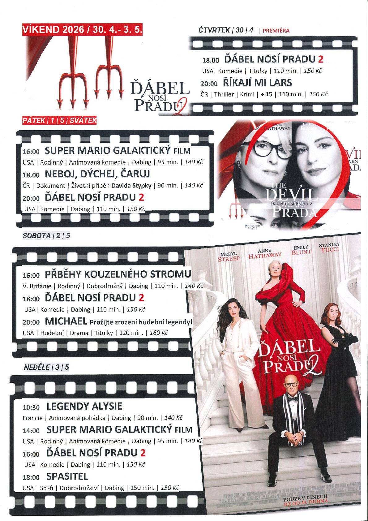 Vážení diváci,zdravíme a zasíláme Vám filmovou nabídku Kina Réna Ivančice na měsíc KVĚTEN 2026. Květen patří mezi nejkrásnější měsíce v roce a věříme, že si jej budete užívat v pěkném počasí, ve zdraví a pohodě. Snažili jsme se, aby naše nabídka filmů byla pestrá a zajímavá. Rozhodně v našem programu nechybí již tradiční květnové svátky 1. 5. a 8. 5. a oblíbené 32. Slavnosti chřestu a vína. Kino si Vás dovoluje pozvat na předpremiéry snímků Star Wars: Mandalorian a Grogu a Mortal Kombat II.