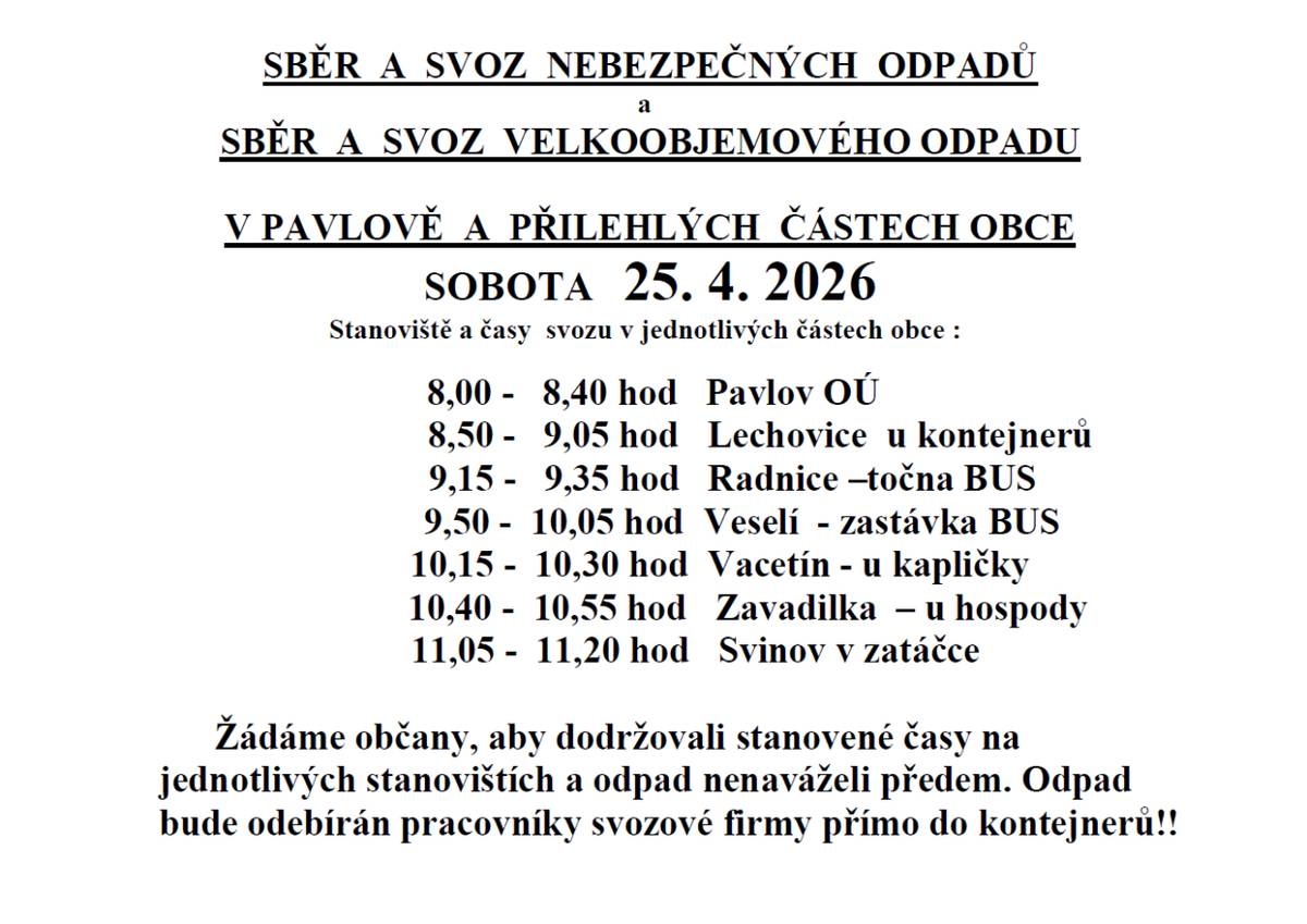 Rozpis svozových míst - Svoz velkoobjemového a nebezpečného odpadu v SOBOTU 25. 4. 2026