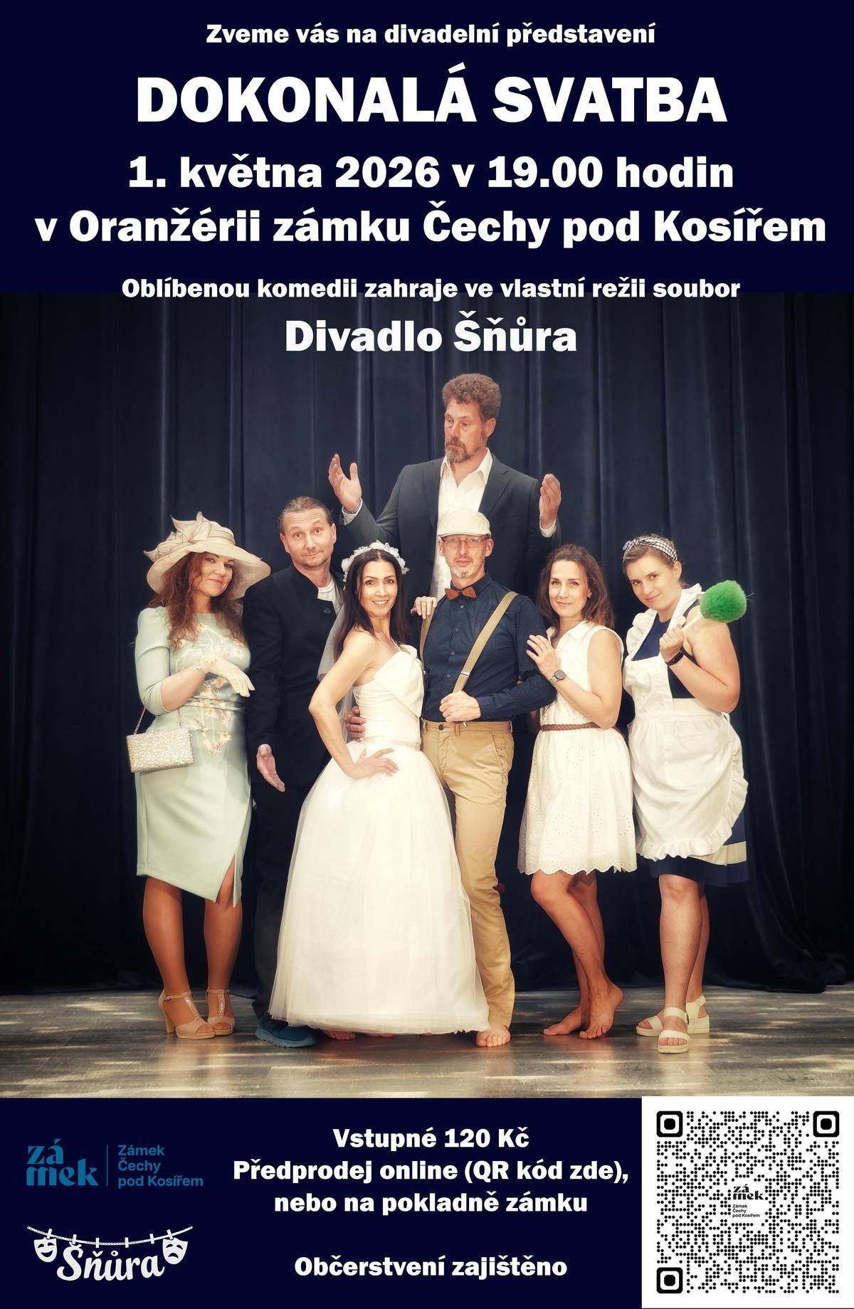 19:00 | 1.5.2026 | Divadelní představení Dokonalá svatba | zámecká oranžerie | soubor Divadlo Šňůra Délka: 120 minut Vstupné: 120 Kč Doporučujeme rezervaci míst na tel. 773 784 110, e-mailem na rezervacecpk@vmo.cz nebo nákup online zde.