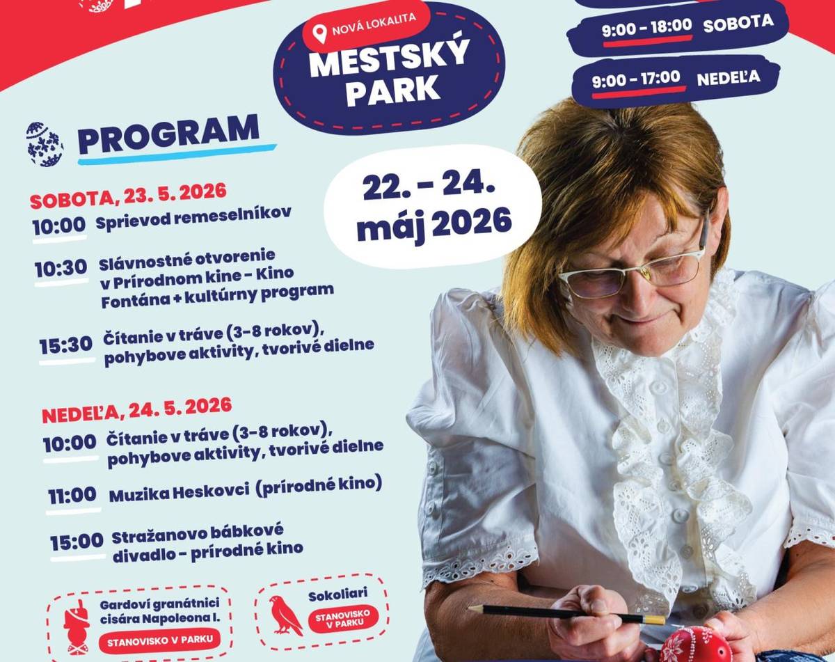 V dňoch 22. až 24. mája 2026 sa Mestský park stane dejiskom už 16. ročníka podujatia Tradičné umelecké remeslá, ktoré každoročne prináša jedinečnú atmosféru poctivej ľudovej tvorby, tradičných postupov a kultúrneho dedičstva.