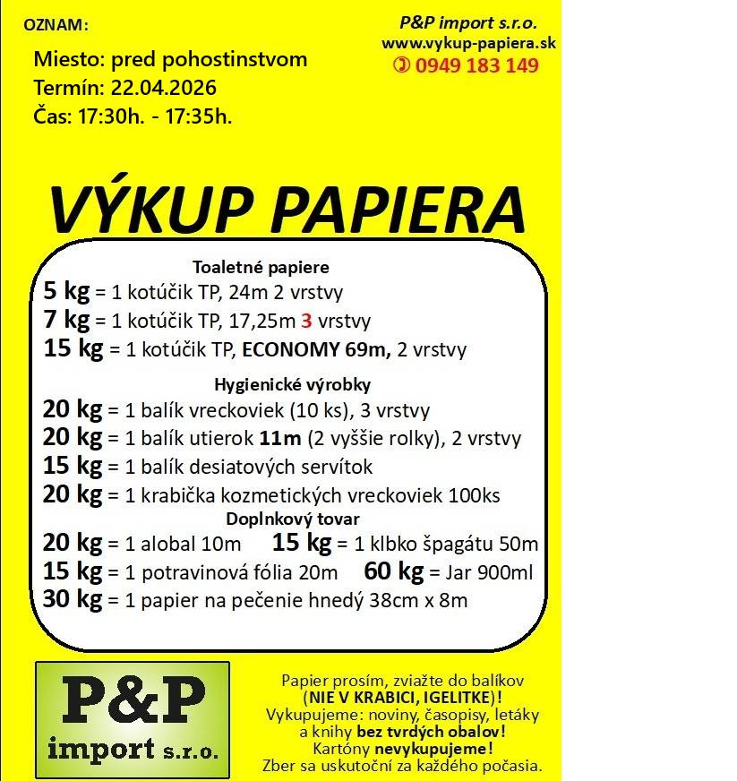 Oznamujeme občanom, že sa uskutoční výkup papiera výmenou za hygienické potreby