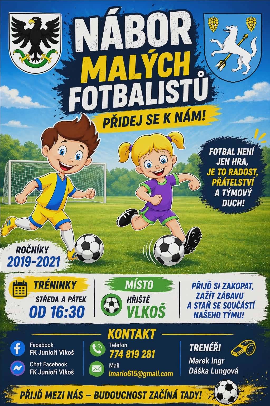 Fotbalový klub FK Junioři Vlkoš pořádá jarní nábor malých fotbalistů a vyzývá tímto rodiče dětí narozených mezi léty 2019–2021, aby se svými ratolestmi přišli na některý z tréninků, které se konají každou středu a pátek vždy od 16:30 hod. na hřišti ve Vlkoši. I vaše dítě si může přijít nezávazně zakopat, zažít zábavu s kamarády a stát se součástí našeho týmu!