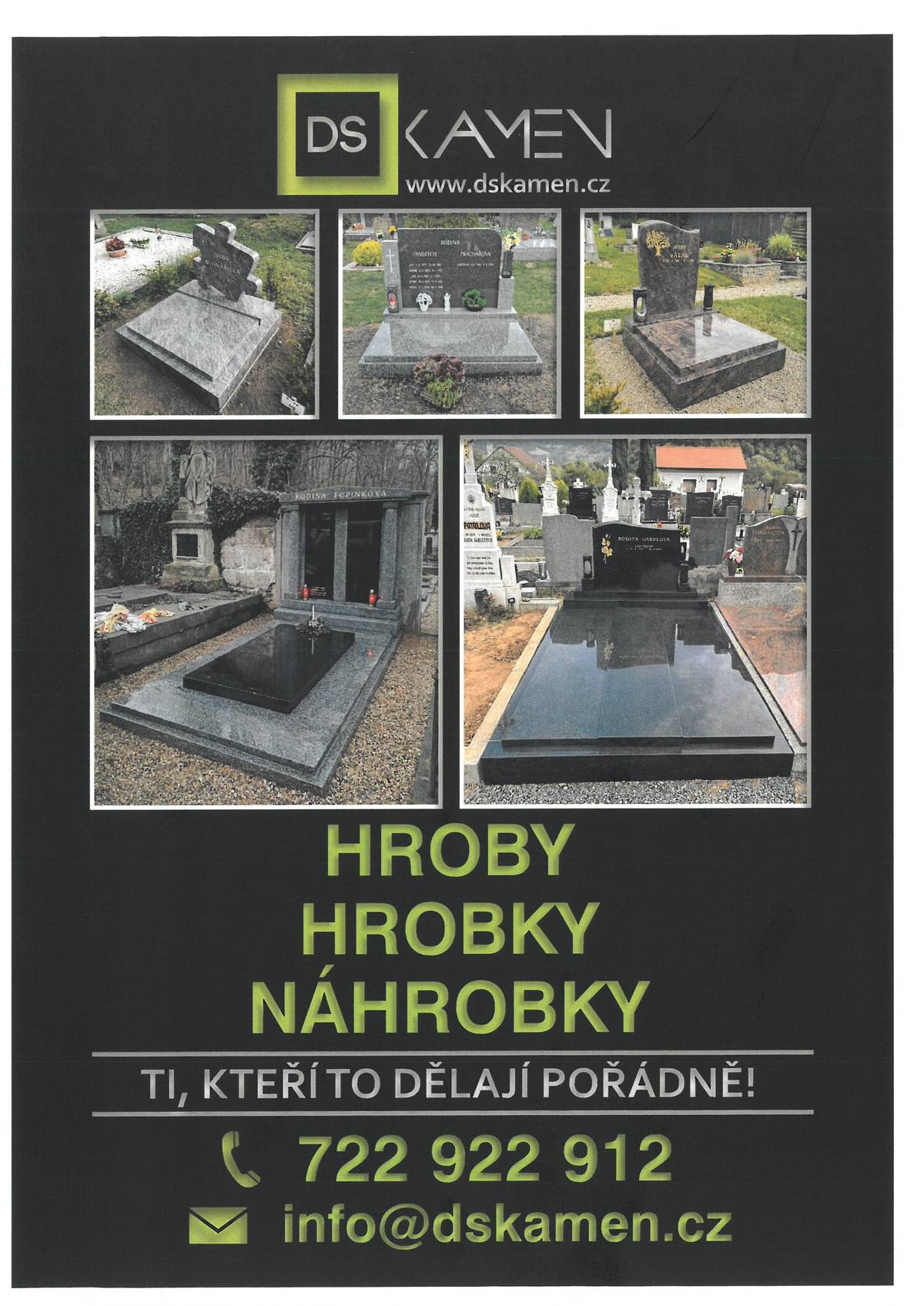 Ve čtvrtek 23.4. v 16:30 navštíví hřbitov Senožaty kameníci z firmy DS kamen (tel. 722 922 912). Budou poskytovat bezplatné konzultace a přijímat objednávky na stavby a opravy hrobů včetně zlacení a přípisů. Využijte této příležitosti získání nezávazné nabídky od firmy, která nabízí poctivou práci namísto falešných slev. Pokud Vám termín nevyhovuje, rádi se s vámi domluví na individuálním setkání. Těší se na Vás zástupci firmy DS kamen - ti, kteří to dělají pořádně. Tel. 722 922 912