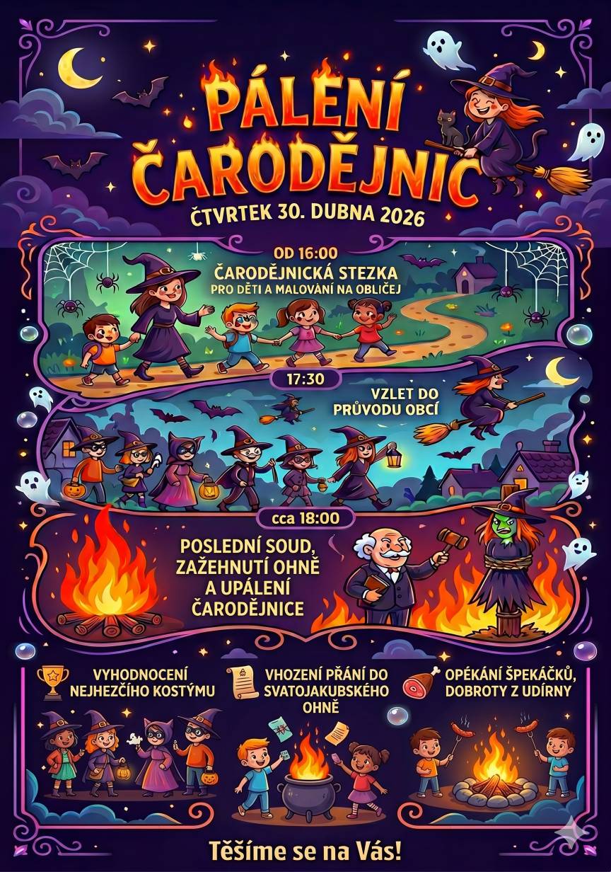 🔥 PÁLENÍ ČARODĚJNIC 🔥 KDE: výletiště Zábeštní Lhota KDY: čtvrtek 30. dubna 2026 🕒 HLAVNÍ PROGRAM  16:00 | Čarodějnická stezka a malování na obličej Zábavné úkoly pro malé i velké čaroděje a čarodějky! Než vyrazíme do průvodu, proměníme vás v ty pravé magické bytosti. 17:30 | Vzlet do průvodu obcí Nasedat na košťata! Společný čarodějnický průvod celou naší vesnicí. cca 18:00 | Poslední soud a zažehnutí ohně Hlavní bod večera! Proběhne spravedlivý soud a následné upálení té nejpodlejší čarodějnice z naší vesnice v pořádné vatře.  🦇 NA CO DALŠÍHO SE MŮŽETE TĚŠIT?  🏆 Vyhodnocení nejhezčího kostýmu: Přijďte v maskách, ty nejlepší odměníme! 📜 Svatojakubský oheň: Vhození tajných přání do ohně – ať se vám splní! 🌭 Bohaté občerstvení: Tradiční opékání špekáčků a voňavé dobroty z naší udírny.  Nezapomeňte si vzít dobrou náladu, čarodějnické klobouky a košťata (s platnou STK)! Těšíme se na vás! 🧹✨