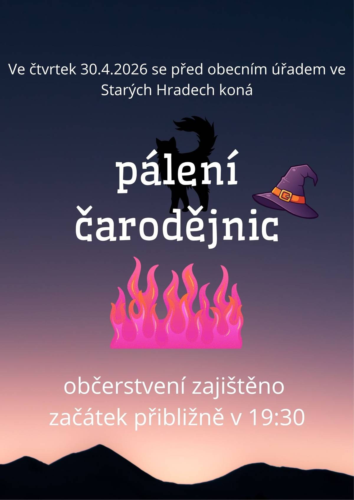 Pozvánka na pálení čarodějnic dne 30.4.2026 od 19.30 hod. - občerstvení zajištěno.