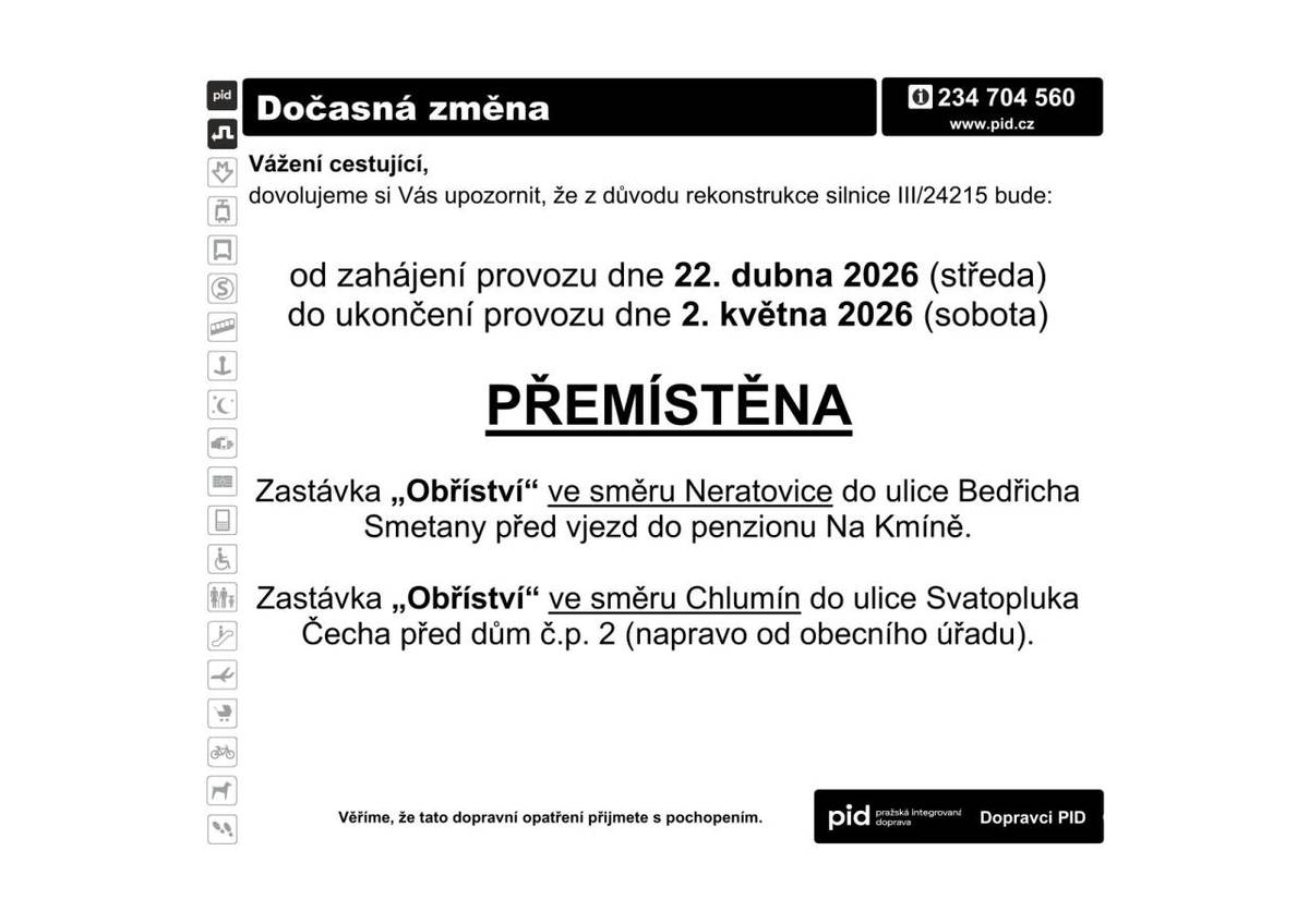 PID: Dočasné autobusové zastávky na návsi v Obříství v termínu od 22.4. - 2.5. 2026