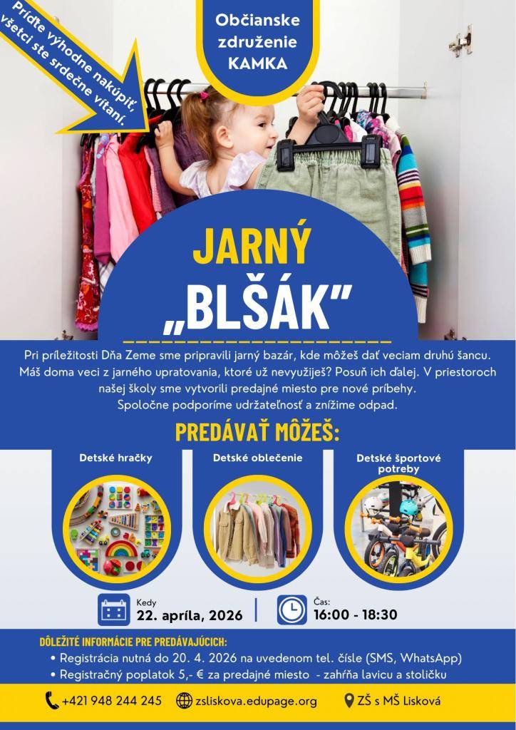 OZ KAMKA Vás srdečne pozýva na jarný bazár, kde môžeme dať veciam druhú šancu, podporiť tak udržateľnosť a znížiť tvorbu odpadu.    STREDA 22.4.2026 od 16:00-18:30 v priestoroch ZŠ LISKOVÁ.