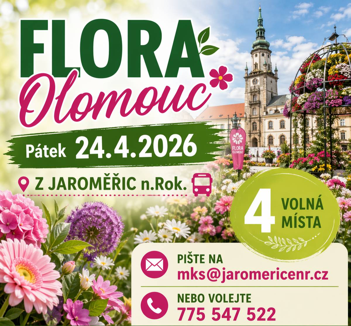Stále hledáme 4 zájemce na zájezd na výstavu Flora Olomouc, který se koná v pátek 24. 4. 2026. 🚌 Odjezd z Jaroměřic nad Rokytnou v 6.30 V případě zájmu nás neváhejte kontaktovat: 📧 mks@jaromericenr.cz 📞 775 547 522