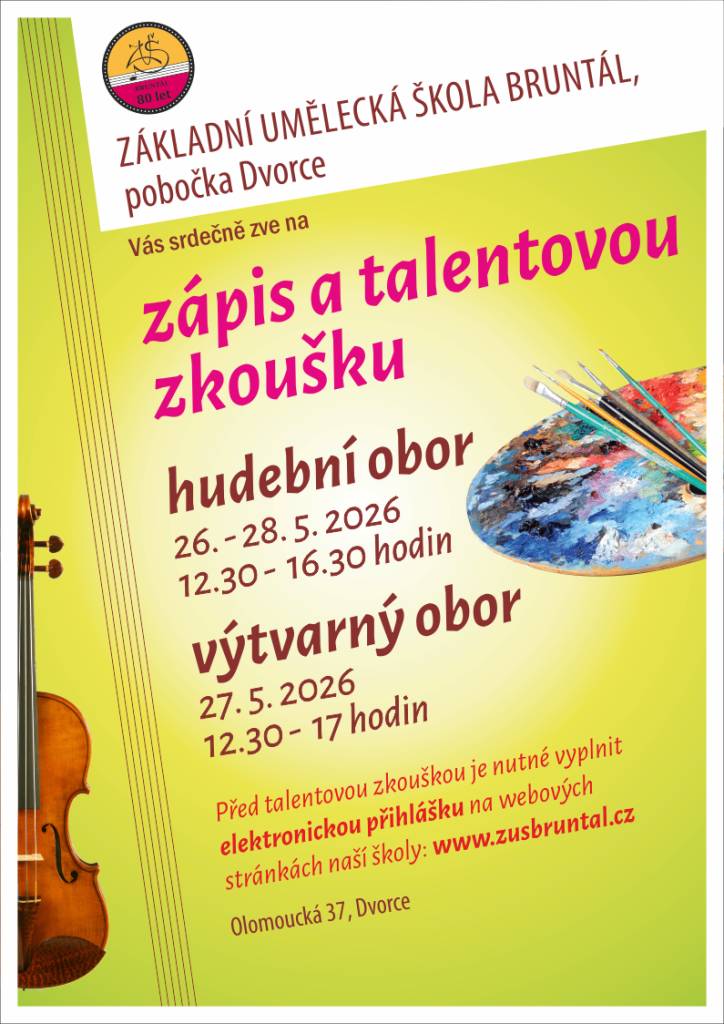 ZUŠ pobočka Dvorce zve zájemce na zápis a talentovou zkoušku na hudební a výtvarný obor.   Podrobnosti naleznete na plakátu.