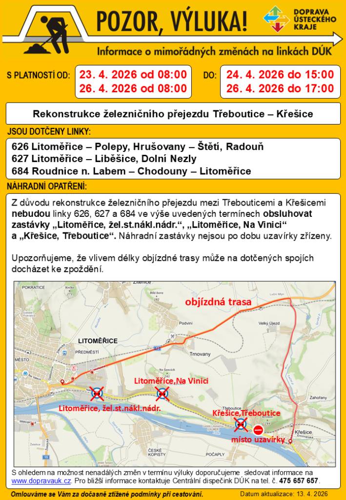 V období od 23. dubna 2026 do 24.dubna a 26. dubna 2026 dojde k mimořádné výluce na vybraných linkách DÚK z důvodu rekonstrukce železničního přejezdu Třeboutice — Křešice. Dotčeny budou linky 626, 627 a 684, které nebudou v uvedených termínech obsluhovat některé zastávky.