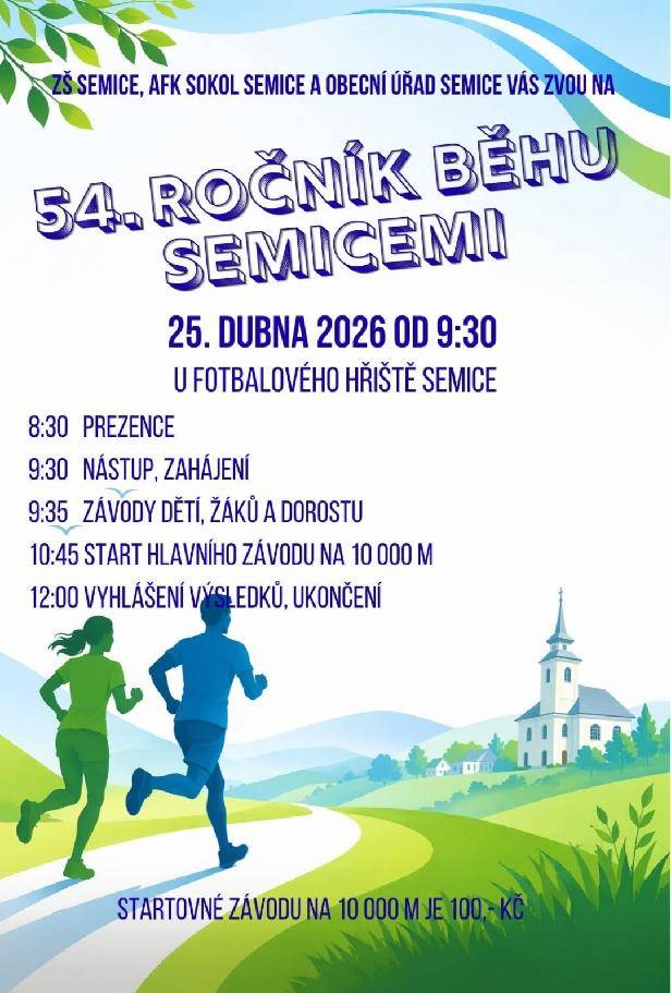 Oznamujeme občanům, že v sobotu 25.4.2026 byla cca od 8 do 13 hodin z důvodu konání sportovní akce "Běh Semicemi 2026" povolena úplná uzavírka silnice č. III/2722 a III/2723.