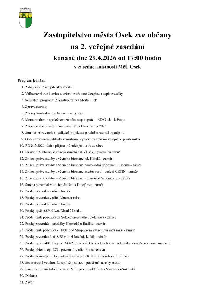 Pozvánka na 2. veřejné zasedání Zastupitelstva města, termín jednání 29.04.2026 od 17:00 hod.