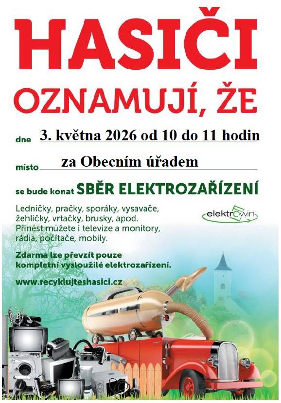 SDH Ohnišťany organizuje 3.5.2026 v 10 hodin sběr elektroodpadu.