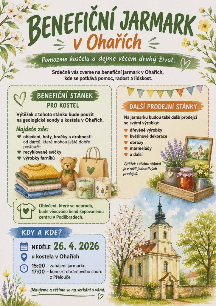 Zveme na benefiční jarmark, který se uskuteční dne 26.4.2026 od 15:00 u kostela v Ohařích.