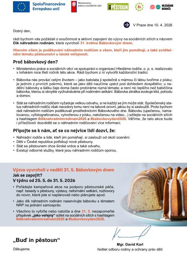 Zapojte se do "bábovkové výzvy" a podpořte náhradní rodiny v jejich snažení.