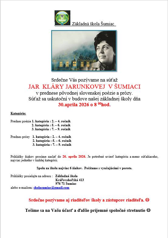 regionálna súťaž  prednese poézie a prózy   30.04.2026  o 8:00 hod.