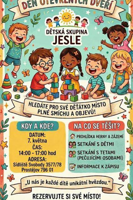 Zveme všechny rodiče na den otevřených dveří do našich dvou dětských skupinek Čiperkové a Žabičky, které provozujeme jako příspěvková organizace města Prostějov.                               Číst dál...