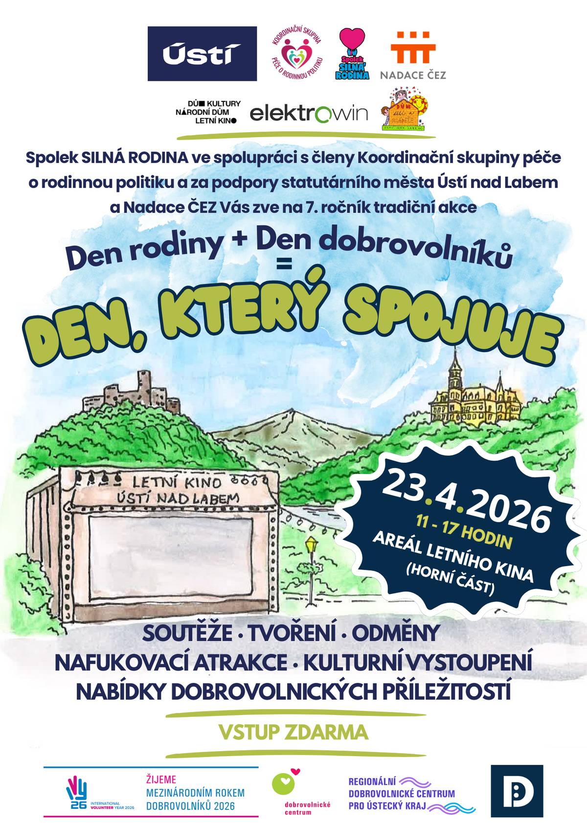 Nenechte si ujít již 7. ročník akce pro celé rodiny, tentokrát s názvem DEN, KTERÝ SPOJUJE. KDY: 23. 4. 2026 I 11:00 - 17:00 KDE: Areál letního kina (horní část) Čekají Vás soutěže, tvoření, nafukovací atrakce a hudební doprovodný program. A nebudou chybět ani oblíbení Dlouhonozí skřítci. Znáte je? Přijďte si s nimi zdolat skřítčí slalom, vyzkoušet házení balónků na cíl nebo najít ztracený poklad. V čem bude letošní ročník jedinečný? Bude zaměřen na dobrovolnictví v Ústí nad Labem a Ústeckém kraji a bude zde představeno spektrum dobrovolnických příležitostí.