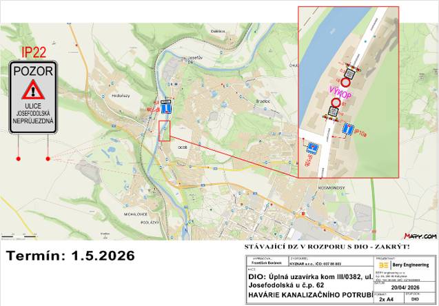 V pátek 1. května dojde k úplné uzavírce komunikace III/0382 u domu Josefodolská 68, Debř. Důvodem je oprava havárie na kanalizačním potrubí v debři. Průjezd touto částí komunikace nebude 1. května možný. Autobusy nepojedou. Pro příjezd a výjezd z obce Josefův Důl využijte objízdnou trasu přes Bradlec.