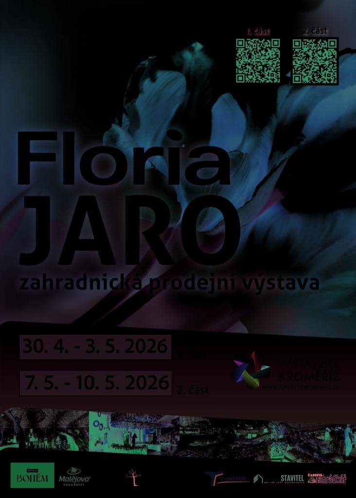Vážení občané, zveme Vás na výstavu FLORIA JARO 2026 v Kroměříži: 30.4.–3.5. a 7.–10.5., denně 9–17 hodin. Květiny, zahrada, prodej i program pro celou rodinu.