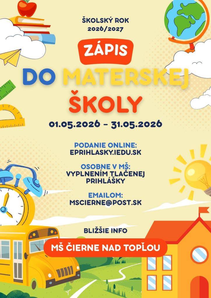 Zápis od Materskej školy v Čiernom nad Topľou na nový šk. rok 2026/2027