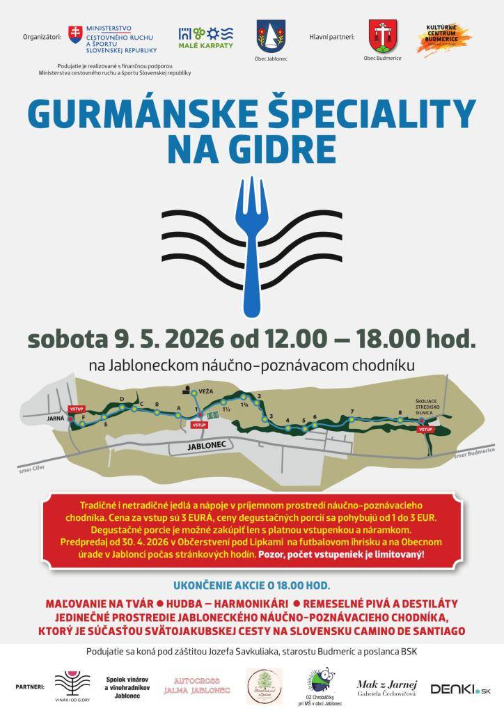 Pozývame Vás na druhý ročník úspešných gurmánskych špecialít na Gidre. Podujatie sa uskutoční v sobotu 9.mája 2026 na náučno-poznávacom chodníku v našej obci. Bližšie informácie na plagáte.