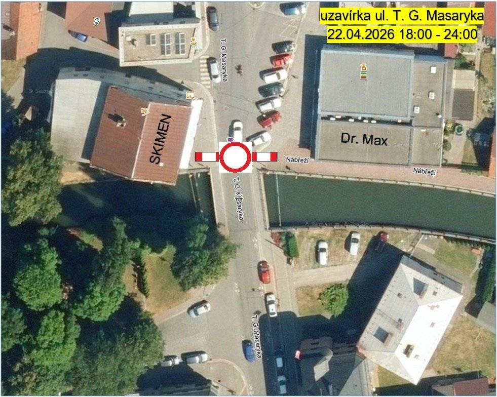 Ulice: T. G. Masaryka (u prodejny Skimen) Termín: 22.04.2026 od 18:00 do 24:00 hod. Doba trvání: 6 hodin Investor: Město Choceň, IČO 002 78 955 Zhotovitel: P S K , s.r.o. CHOCEŇ, IČO 632 20 369 Druh: úplná uzavírka provozu Odůvodnění: realizace stavby (akce) "Městská optická síť Choceň - II. etapa“ Úplná uzavírka ul. T. G. Masaryka u domu čp. 265 (prodejna „Skimen“). Důvodem pro uzavírku je práce na inženýrských sítích.