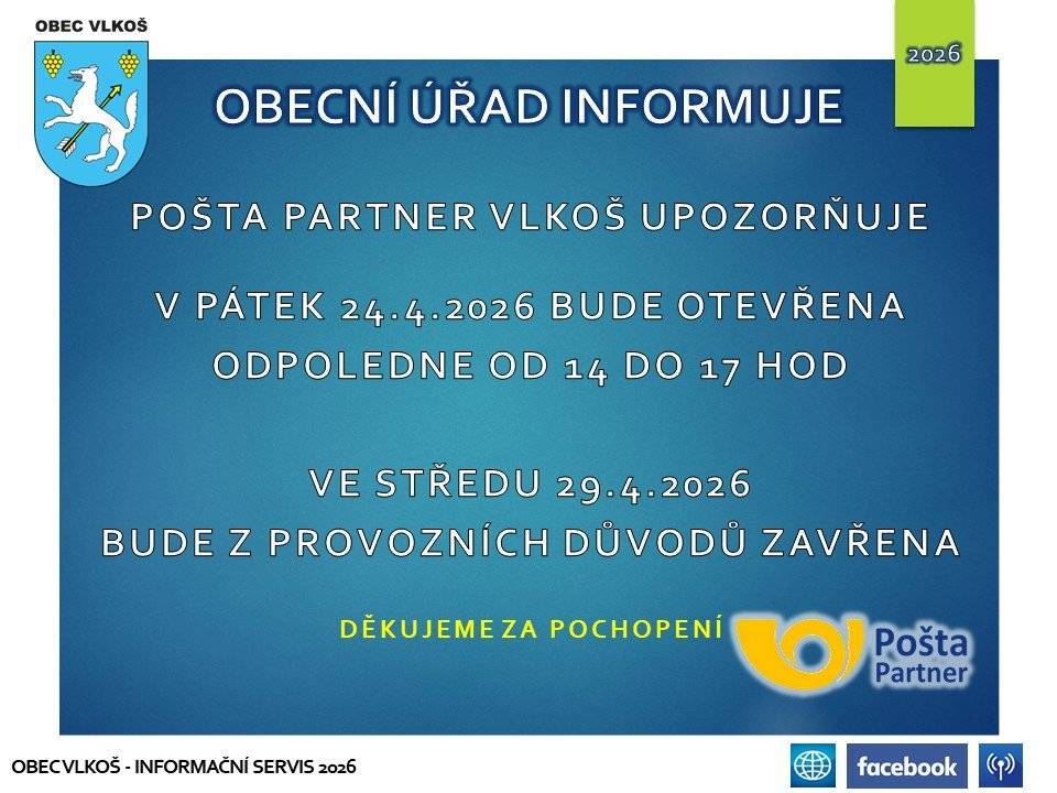 Sdružení kominíků a topenářů bude provádět v naší obci ve čt 23.4. kontroly a čištění komínů pro plyn i tuhá paliva za následující ceny: čištění komínů: 450 Kč, revize kotlů na tuhá paliva: 1.300 Kč. Dále sdružení nabízí levné vložkování a frézování komínů, výchozí-kolaudační revize. Zájemci se mohou objednat telefonicky na telefonním čísle: 608 748 989.   Vážení občané, v pá 24.4. od 12 hod. proběhne v prodejně Potraviny Hruška zkušební točení zmrzliny. Přijďte ochutnat jejich zmrzlinu. Těší se na vás zástupce prodejny.   Pošta Partner Vlkoš upozorňuje, že v pá 24.4. bude otevřena až odpoledne od 14 do 17 hod a ve st 29.4. bude z provozních důvodů zavřena. Děkujeme za pochopení.   Šenk Hřiště Vlkoš oznamuje, že bude otevřeno v pá 24.4. od 16 do 22 hod. V nabídce Aperol, na čepu Radegast 10° a 12° a k zakousnutí pizza a hranolky.