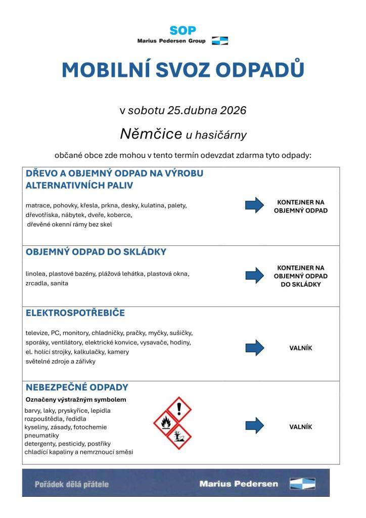 V sobotu 25. dubna 2026 mohou občané obce Němčice u hasičárny zdarma odevzdat různé druhy odpadu. K dispozici budou kontejnery na objemný odpad, dřevo a elektrospotřebiče, včetně nebezpečných odpadů.