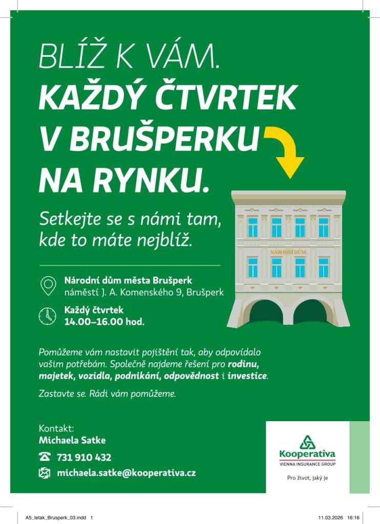 Srdečně vás zveme k návštěvě poradny pojišťovny Kooperativa v Národním domě, která je vám k dispozici každý čtvrtek od 14:00 do 16:00 hodin.