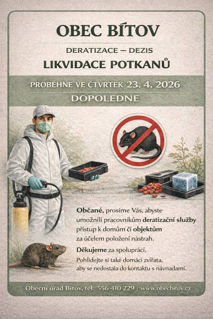Obec Bítov informuje občany o plánované deratizaci, která se zaměří na odstranění potkanů především z veřejných prostor.