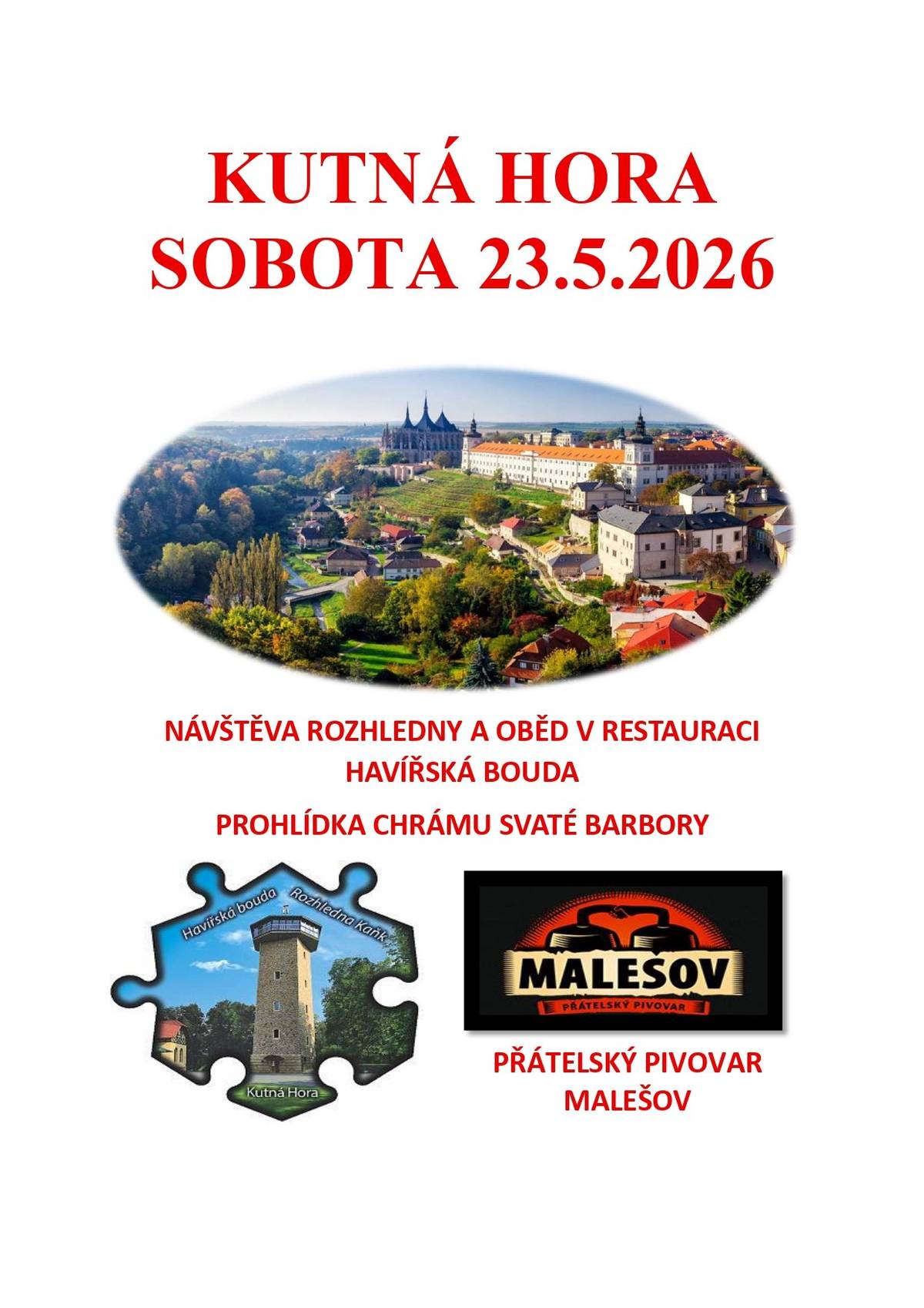 Dobrý den  Obec pořádá zájezd do města Kutná Hora. Termín sobota 23.5.2026 Přihlášky nejpozději do 15.5.2026  na tel. -736 684 775           - 724 970 532           - v prodejně jednoty Bližší informace budou včas upřesněny