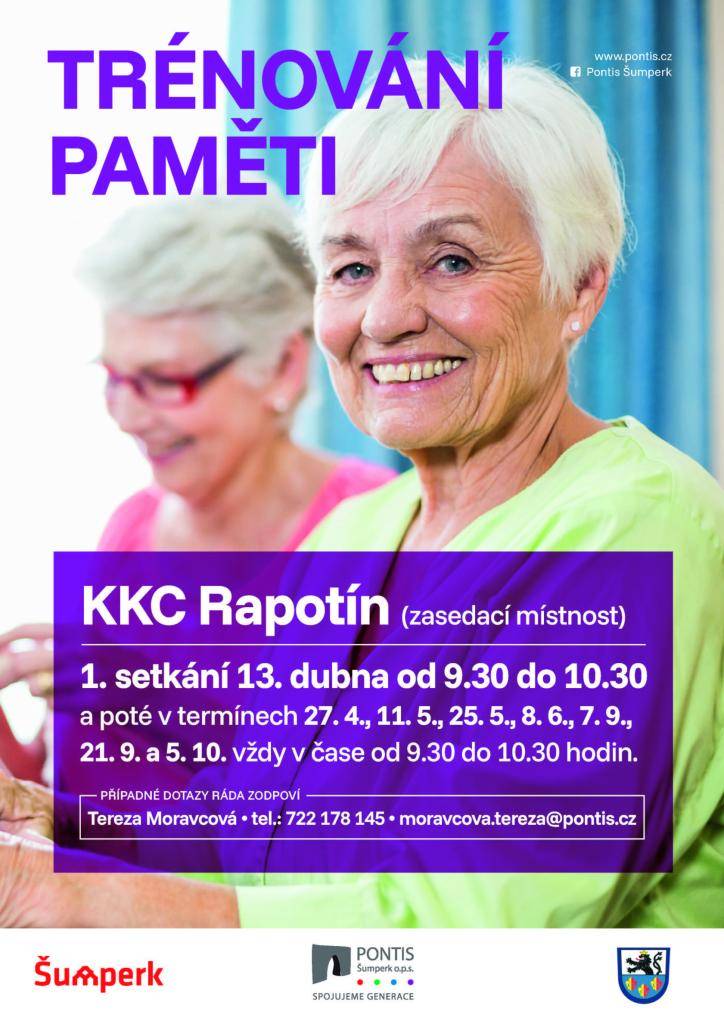 Pontis Šumperk o.p.s. opět připravuje Trénování paměti - první setkání proběhne 13. dubna 2026 od 9:30 do 10:30 hod. v zasedací místnosti KD Rapotín.