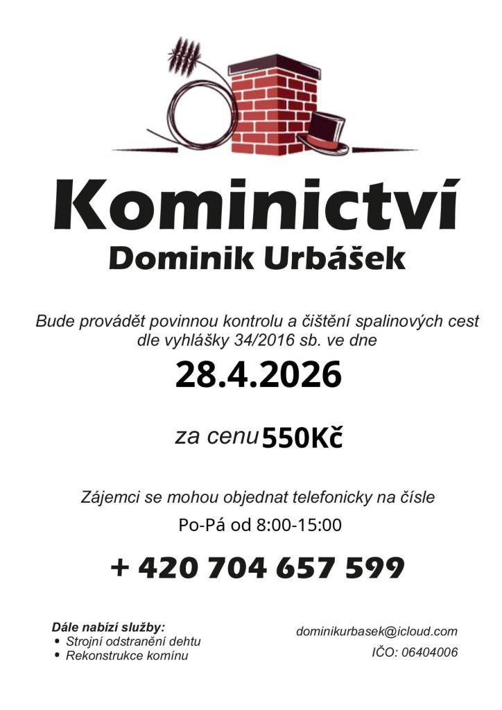 Dominik Urbášek informuje o provádění povinné kontroly a čištění spalinových cest dle vyhlášky č. 34/2016 Sb.