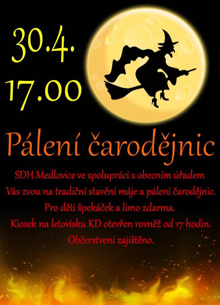 Zveme vás na tradiční pálení čarodějnic, které se uskuteční 30. dubna 2026 od 17:00 na místním hřišti.