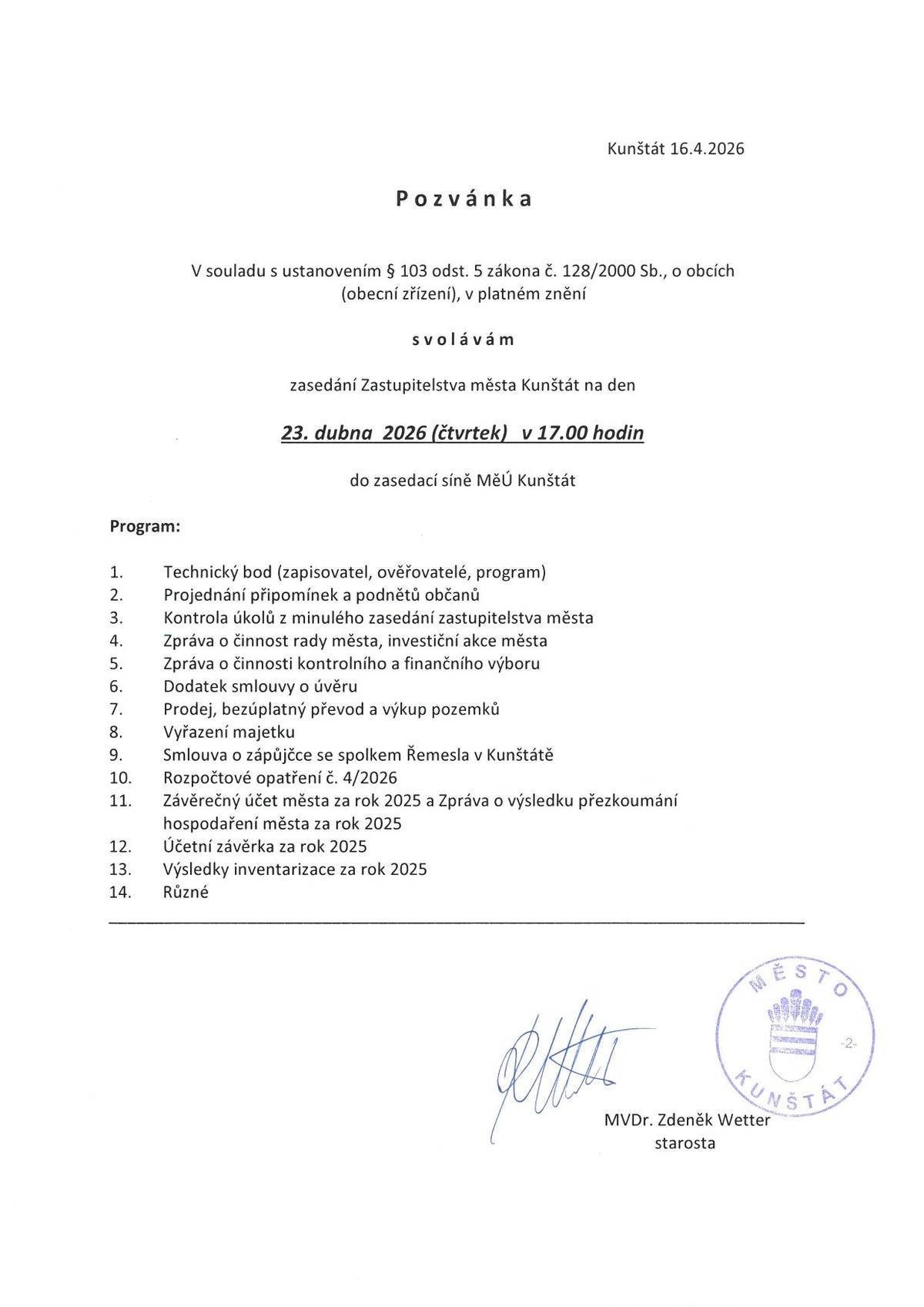 Pozvánka na zasedání Zastupitelstva města Kunštát dne 23. dubna 2026 (čtvrtek) v 17.00 hodin do zasedací síně MěÚ