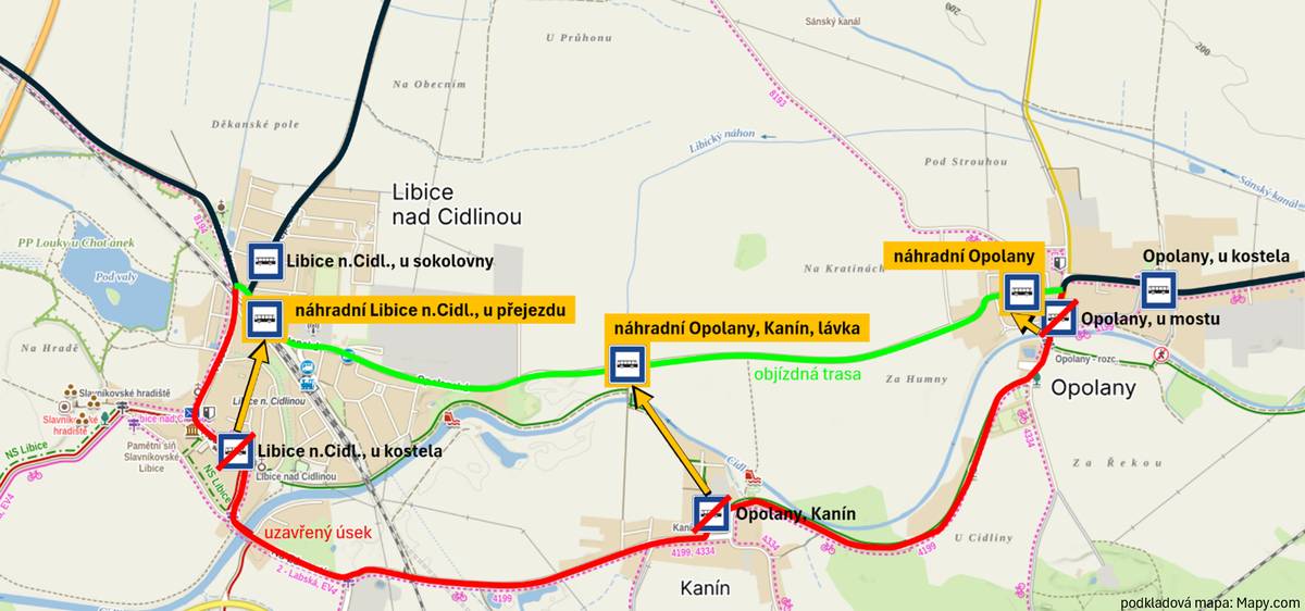 V pátek 24.4. od 8.00 do 23.59 hod. dochází k přesunu autobusových zastávek z důvodu objízdné trasy a konání pouti v Libici n.C.