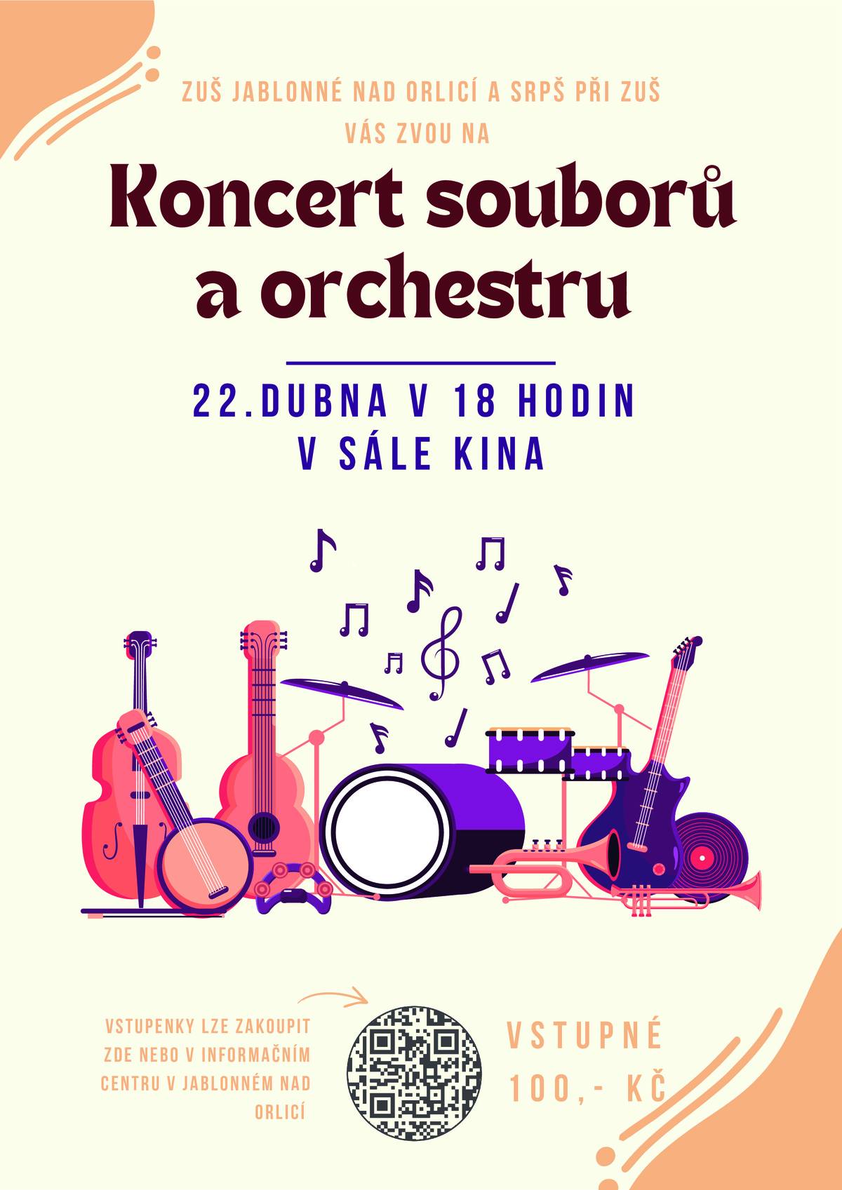 ZUŠ Jablonné nad Orlicí a SRPŠ při ZUŠ zvou na středeční Koncert souborů a orchestru.