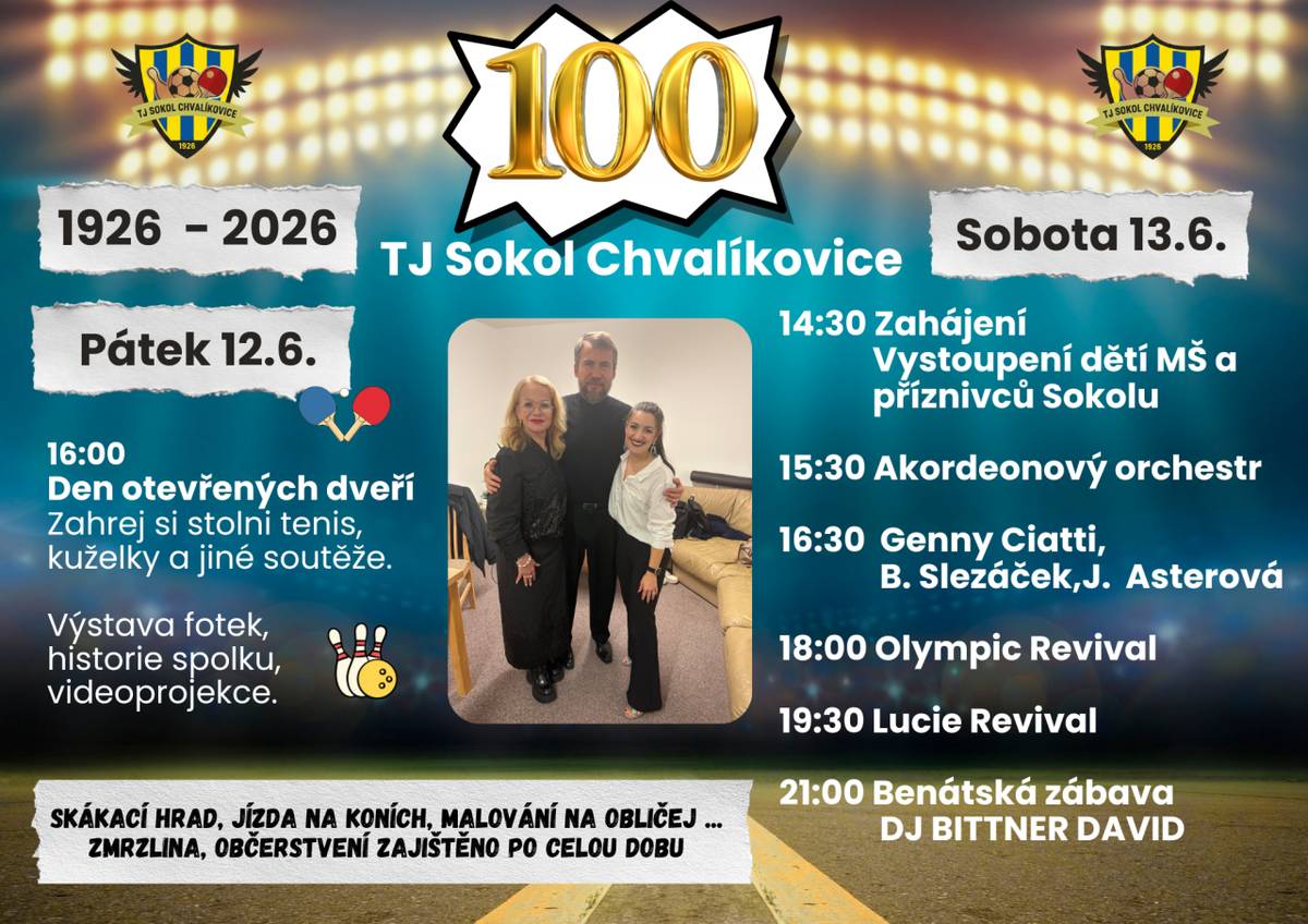 TJ Sokol Chvalíkovice si v letošním roce připomíná významné jubileum – 100 let od svého založení (1926–2026). Přijďte společně oslavit toto krásné výročí a užít si bohatý program pro všechny generace.