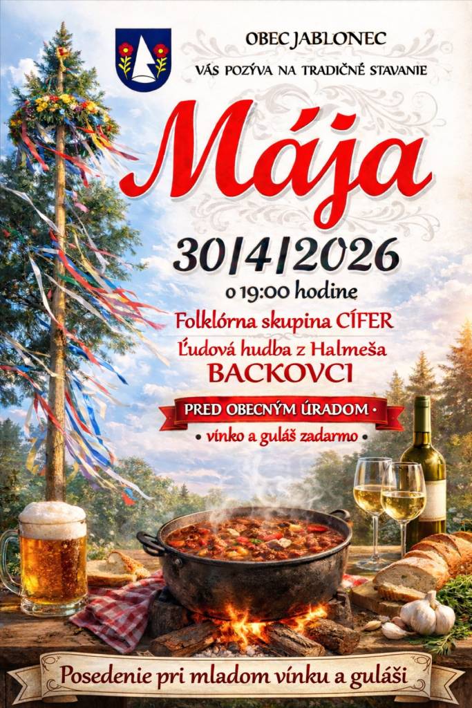 Pozývame Vás na tradičné stavanie mája, ktoré sa bude konať  vo štvrtok 30. apríla 2026 o 19:00 hodine pred obecným úradom. Tešíme sa na Vás !